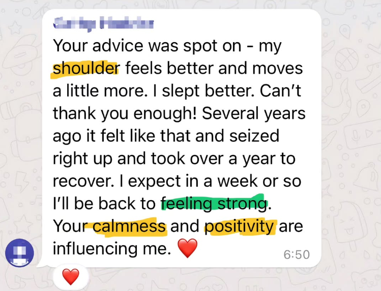 Patient: her shoulder feels better and moves more, she sleeps better