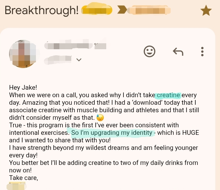 Patient email: strength gains and an identity shift with the program